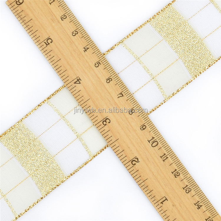 5 Yard/Roll Gold Gingham Check Wire Edge Christmas Decorative Ribbon