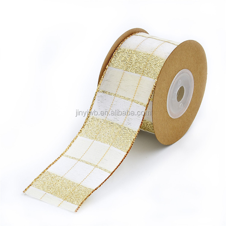 5 Yard/Roll Gold Gingham Check Wire Edge Christmas Decorative Ribbon